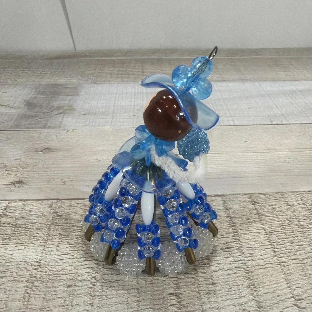 Vintage Handmade Beaded Safety Pin Victorian Lady Christmas Ornament Blue